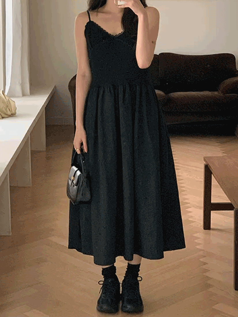 [現貨] 蕾絲拼接浪漫小洋裝 [ 黑色 / Free ]