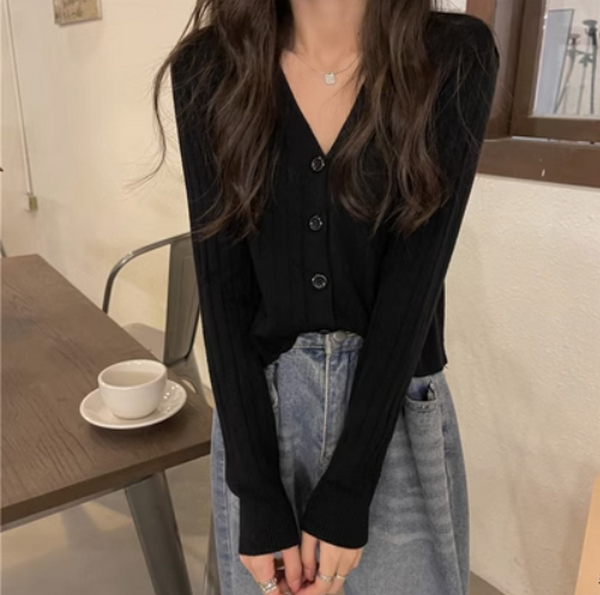 Loose V-neck cardigan with long sleeves (black) (Size: one size)