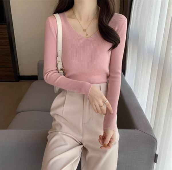 Slim Cropped Solid Knit (Pink) (Size: One Size)