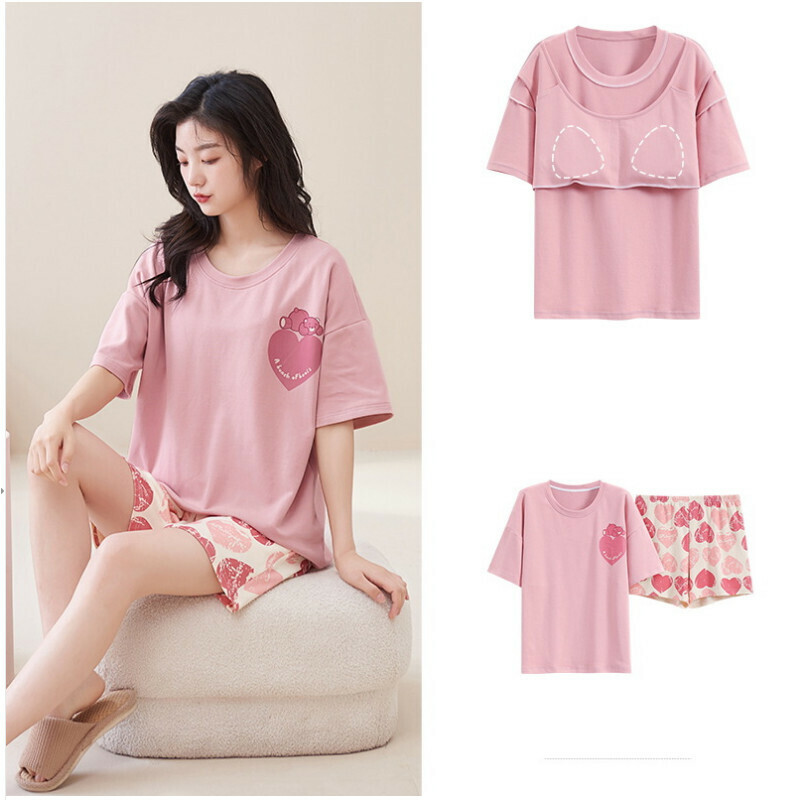 Cotton short-sleeved shorts pajama set with chest pad [M-XXL SF-58001] [Contact customer service to confirm the shipping size after placing an order]