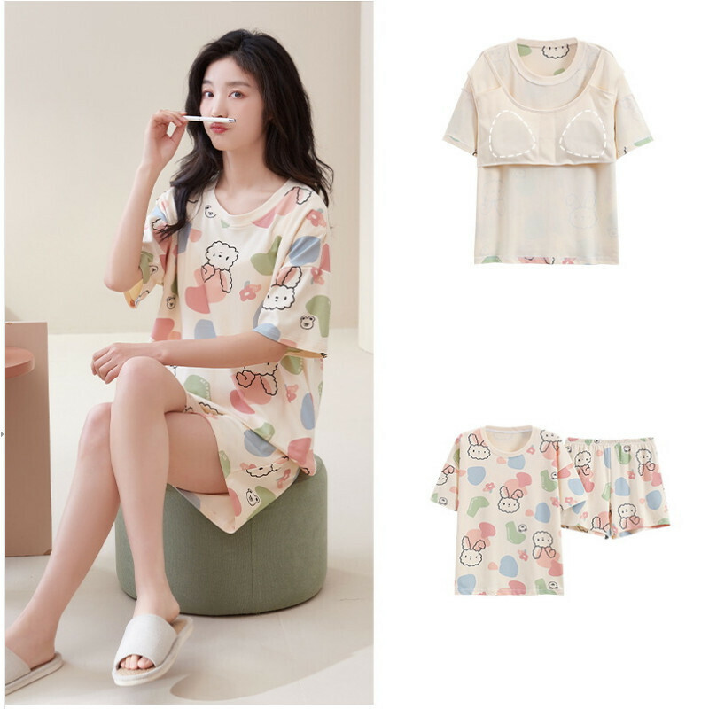 Cotton short-sleeved shorts pajama set with chest pad [M-XXL SF-58004] [Contact customer service to confirm the shipping size after placing an order]