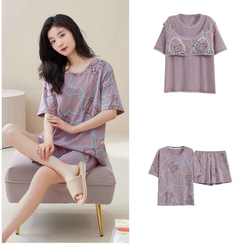 Cotton short-sleeved shorts pajama set with chest pad [M-XXL SF-58006] [Contact customer service to confirm the shipping size after placing an order]