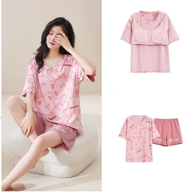 Cotton short-sleeved shorts pajama set with chest pad [M-XXL SF-58003] [Contact customer service to confirm the shipping size after placing an order]