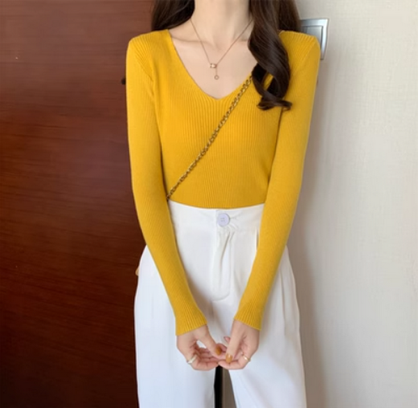 Slim Cropped Solid Knit Yellow (Size: One Size)