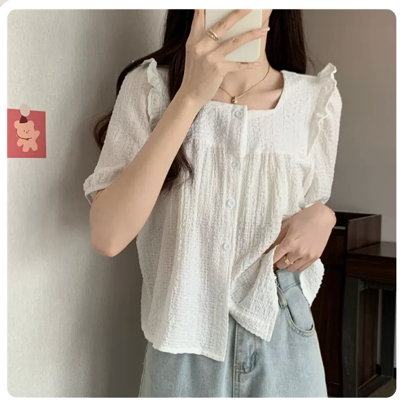 Square Neck Fungus Trim Short Sleeve Shirt (White Size: S-3XL) (Please contact customer service to confirm the shipping size after placing an order)