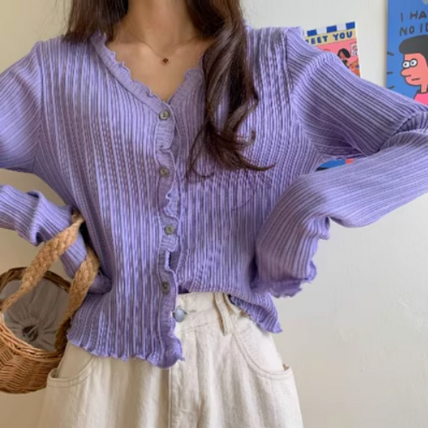 Long Sleeve Knit Slim Fit Cardigan V-Neck Casual Cropped (Purple) ( Size: One Size)