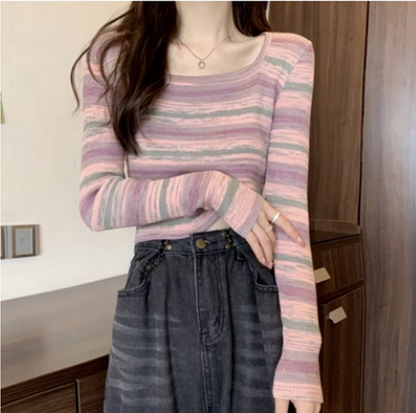 Contrast-striped square neck sweater (purple) (size: one size)