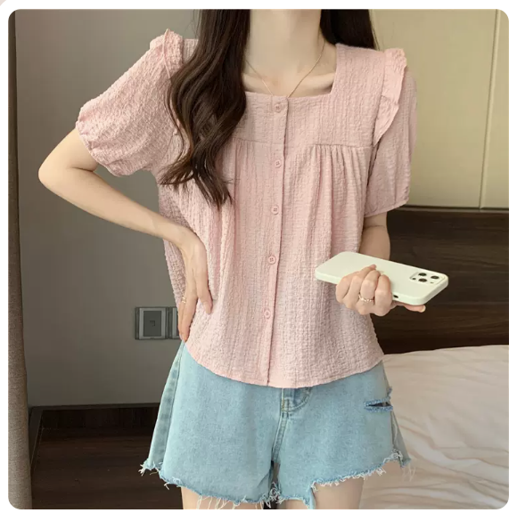 Square Neck Ear Trim Short Sleeve Shirt (Pink Size: S-3XL) (Please contact customer service to confirm the shipping size after placing an order)