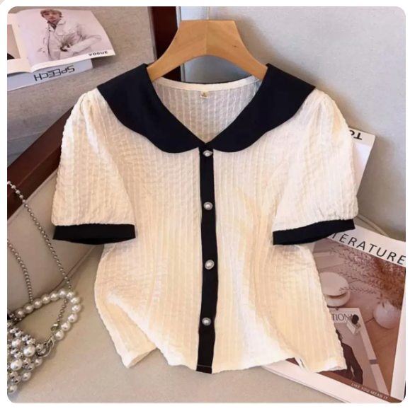 Spliced Top Doll Collar Shirt (Apricot Size: S-3XL) (Please contact customer service to confirm the shipping size after placing an order)