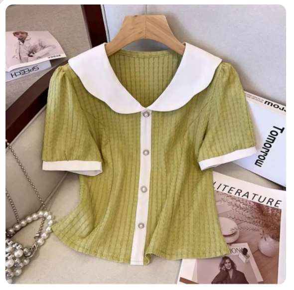 Spliced Top Doll Collar Shirt (Green Size: S-3XL) (Please contact customer service to confirm the shipping size after placing an order)