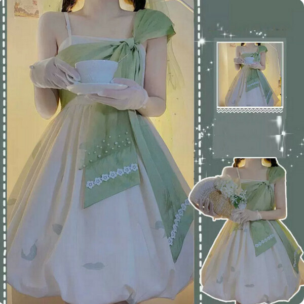 Flower Bud Waist Slim Slip Dress (Green) (M-4XL) (Contact customer service to confirm size after placing an order) 