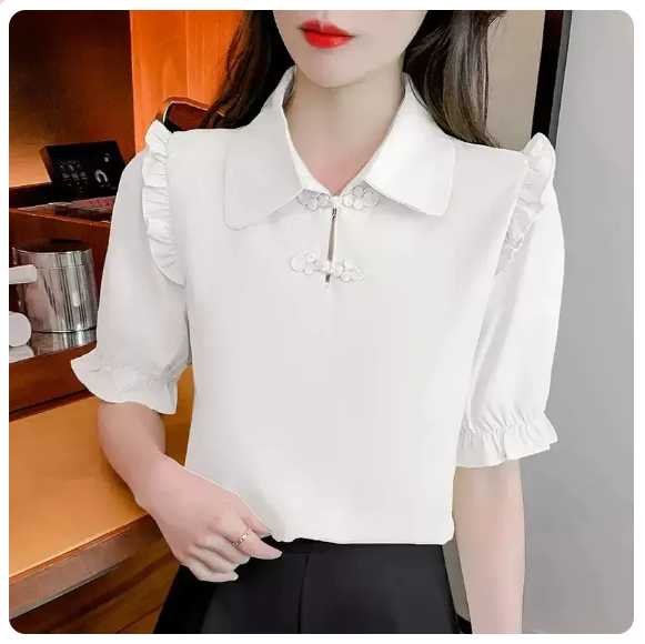 Chiffon Short Sleeve Shirt (White Size: S-3XL) (Please contact customer service to confirm the shipping size after placing an order)