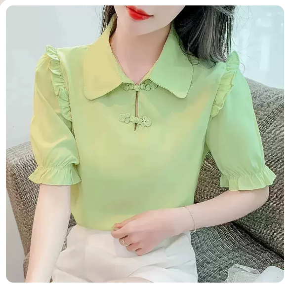 Chiffon Short Sleeve Shirt (Green Size: S-3XL) (Please contact customer service to confirm the shipping size after placing an order)