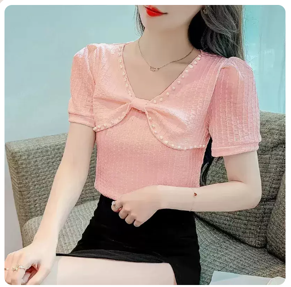 V-neck lace short-sleeved top (pink size: S-3XL) (please contact customer service to confirm the shipping size after placing an order)