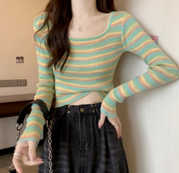 Contrasting striped square neck sweater (green) (size: one size)