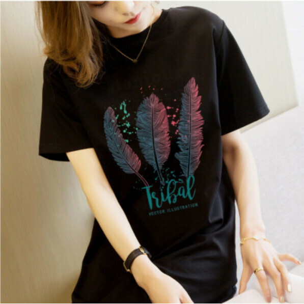 Mid-length loose and slim T dress [6Q625 Black Feather] (M-3XL size) (Contact customer service to confirm size after placing an order)