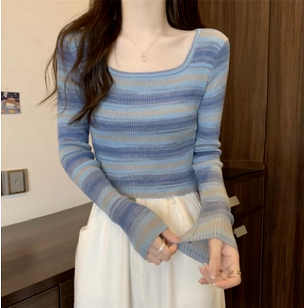 Contrast-striped square neck sweater (blue) (size: one size)