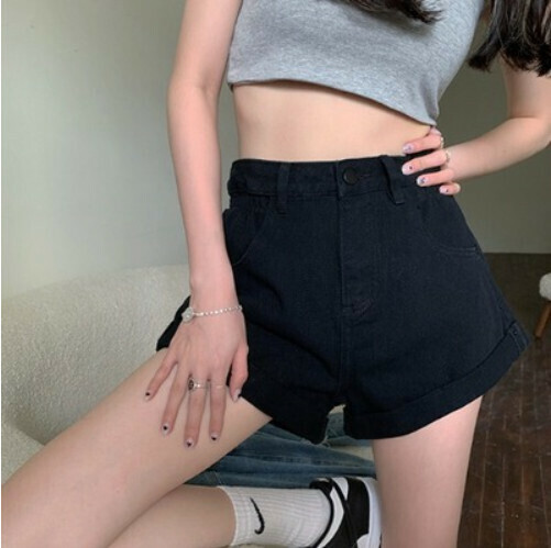 激抵牛仔短褲女夏季薄款高腰顯瘦（黑色）[尺碼：S-L ][下單後聯絡客服確認發貨尺碼]