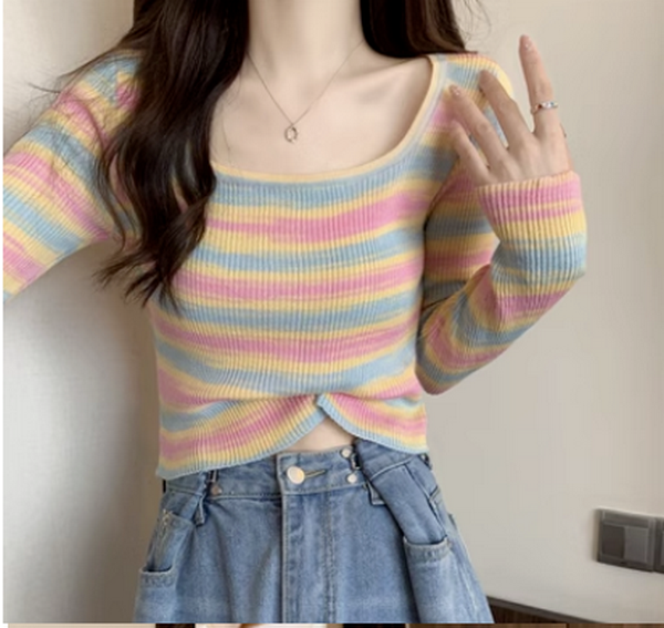 Contrasting Striped Square Neck Sweater (Yellow) (Size: One Size)