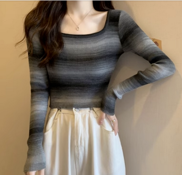 Contrast-striped square neck knit (black) (size: one size)