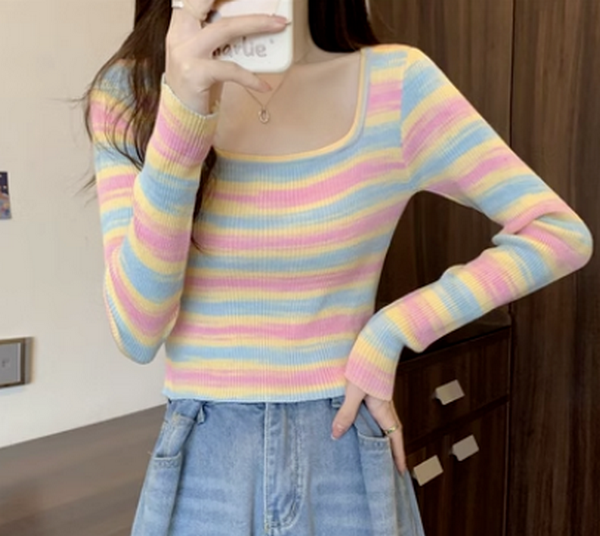 Contrasting Striped Square Neck Sweater - Pink (Size: One-Size)