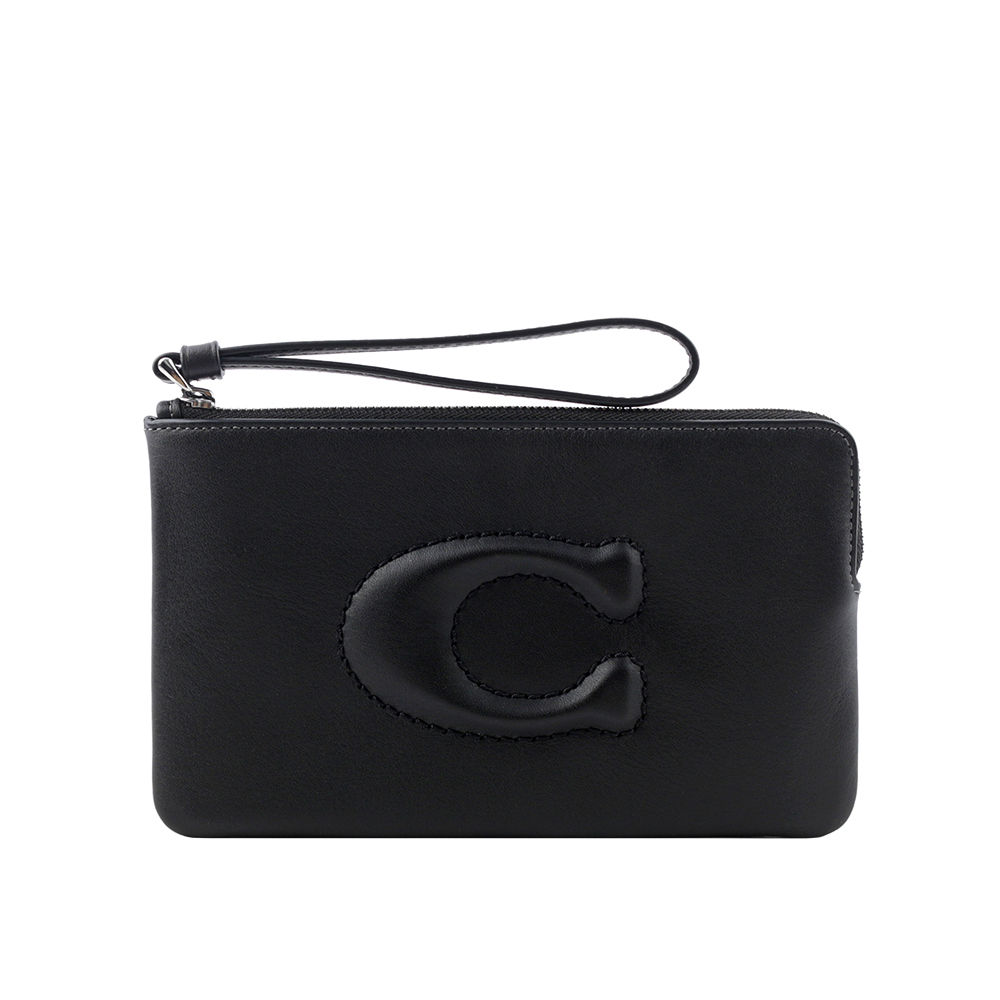 【COACH】C Logo 銀釦縫線標誌平滑皮革大款手拿包(黑色) CR392 SVBK