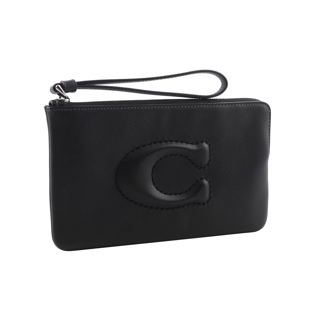 【COACH】C Logo 銀釦縫線標誌平滑皮革大款手拿包(黑色) CR392 SVBK