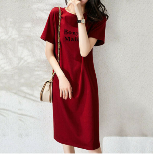 Midi Loose Slim T Dress [6Q30 Burgundy English] (M-3XL) (Contact customer service to confirm size after placing an order)