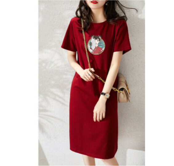 Mid-length loose and slim T dress [6Q830 Burgundy Girl] (M-3XL size) (Contact customer service to confirm size after placing an order)