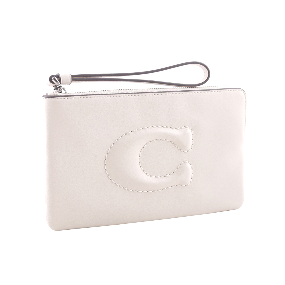 【COACH】C Logo 銀釦縫線標誌平滑皮革大款手拿包(白色) CR392 SVHA