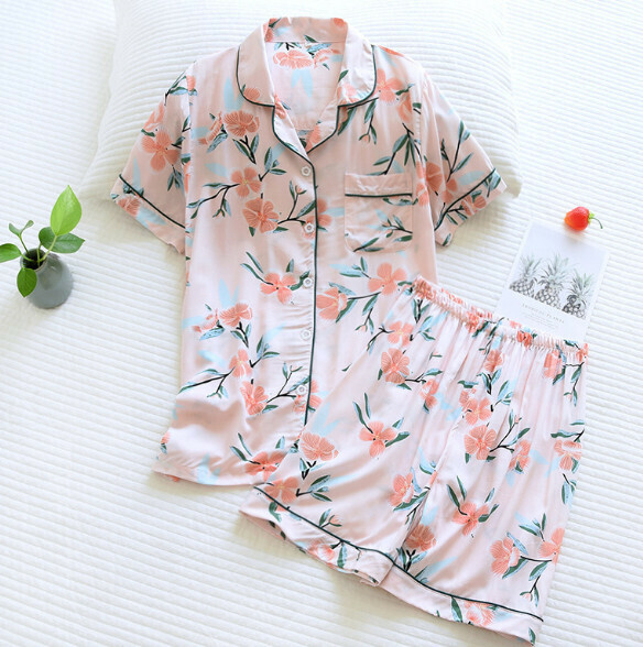 Spring and Summer Short Sleeve Shorts Cardigan Pajama Set (ZHY Pink Bouquet Cotton Silk) [M-XL Size] [Contact Customer Service to Confirm Shipping Size After Placing an Order]