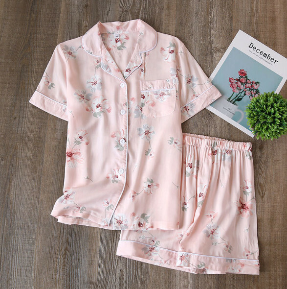 Spring and Summer Short Sleeve Shorts Cardigan Pajama Set (LJH Pink Flower Human Cotton) [M-XL Size] [Contact Customer Service to Confirm Shipping Size after Placing an Order]