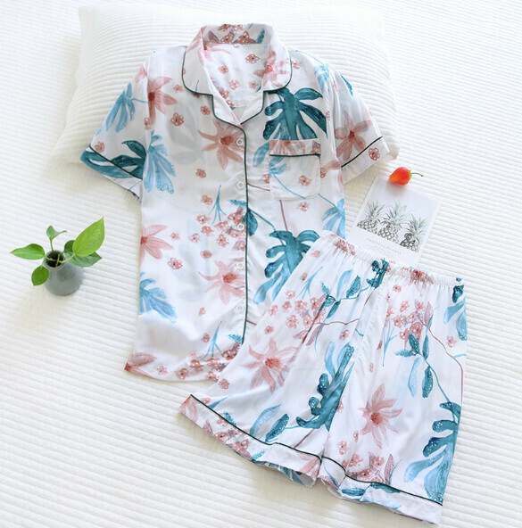 Spring and Summer Short Sleeve Shorts Cardigan Pajama Set (ZHY White Bottom Banana Leaf Cotton Silk) [M-XL Size] [Contact Customer Service to Confirm Shipping Size After Placing an Order]