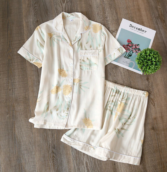 Spring and Summer Short Sleeve Shorts Cardigan Pajama Set (LJH Yellow Flower Human Cotton) [M-XL Size] [Contact Customer Service to Confirm Shipping Size after Placing an Order]