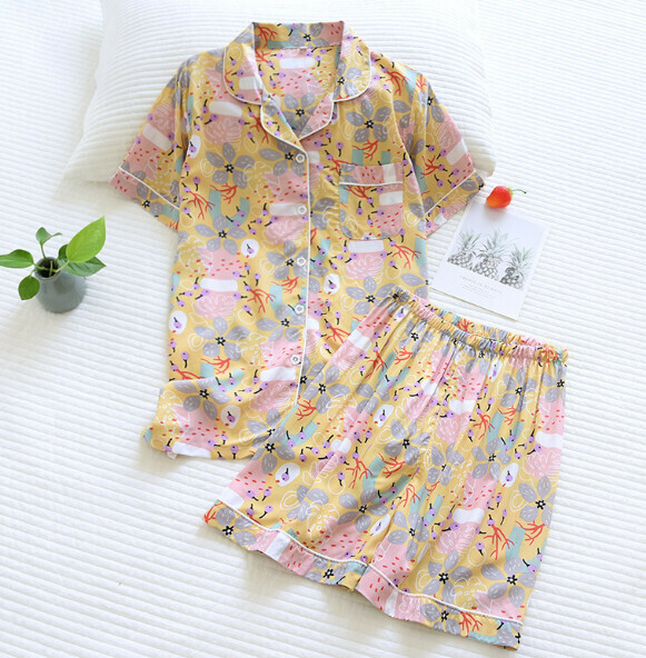Spring and Summer Short Sleeve Shorts Cardigan Pajama Set (ZHY Yellow Loquat Cotton Silk) [M-XL Size] [Contact Customer Service to Confirm Shipping Size After Placing an Order]