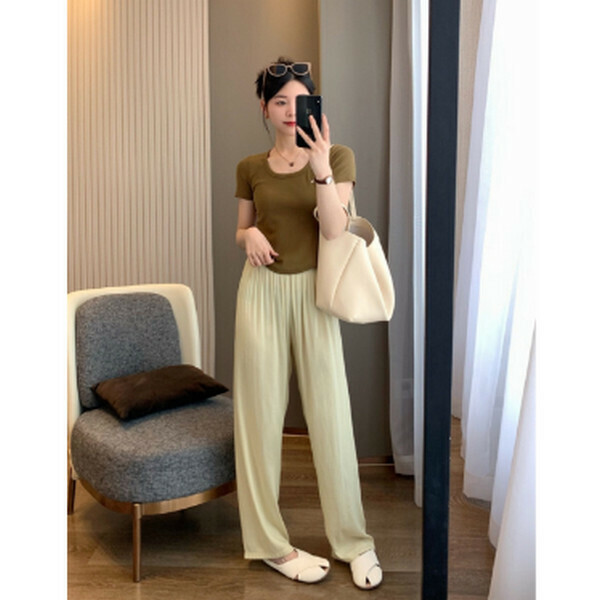 Cool and light drape wide-leg pants in summer [milk apricot] [M-L size] [Contact customer service to confirm size after placing an order]