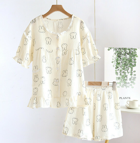Summer Crepe Round Neck Lace Short Sleeve Short Pajamas (ZHY Beige Rabbit) [M-XL Size] [Contact Customer Service to Confirm Shipping Size after Placing an Order]