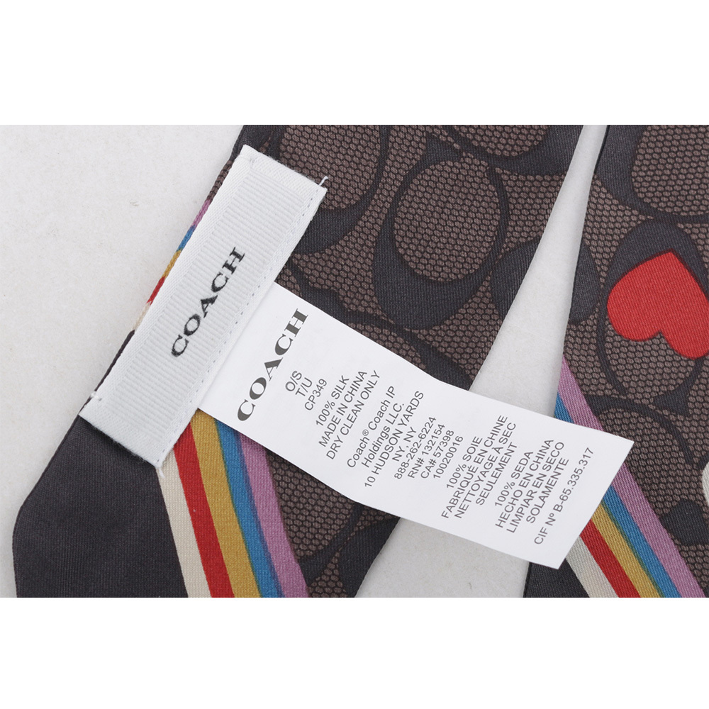 【COACH】CC Logo 滿版標誌及彩色愛心圖案絲巾/Twilly (栗棕色) CP349 WH5