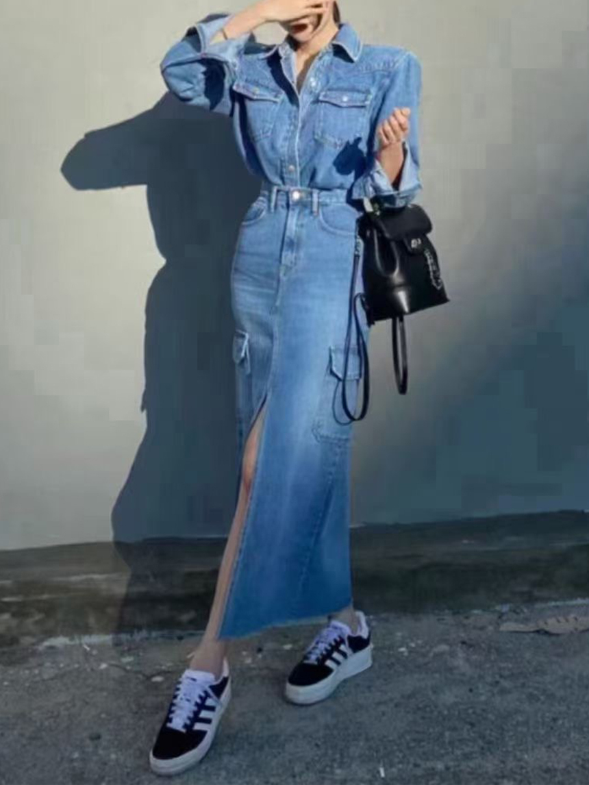 厚磅開衩工裝牛仔長裙