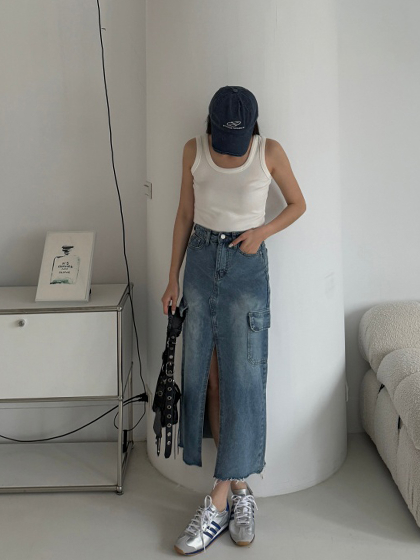 厚磅開衩工裝牛仔長裙
