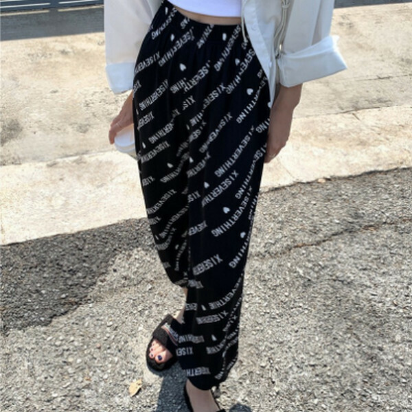 Two chiffon high-waisted light anti-mosquito and sunscreen corset wide-leg pants [letter black] [one-size-fits-all]