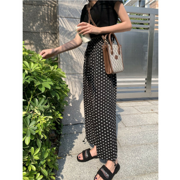 Two chiffon high-waisted light mosquito and sunscreen corset wide-leg pants [polka dot black] [one size]