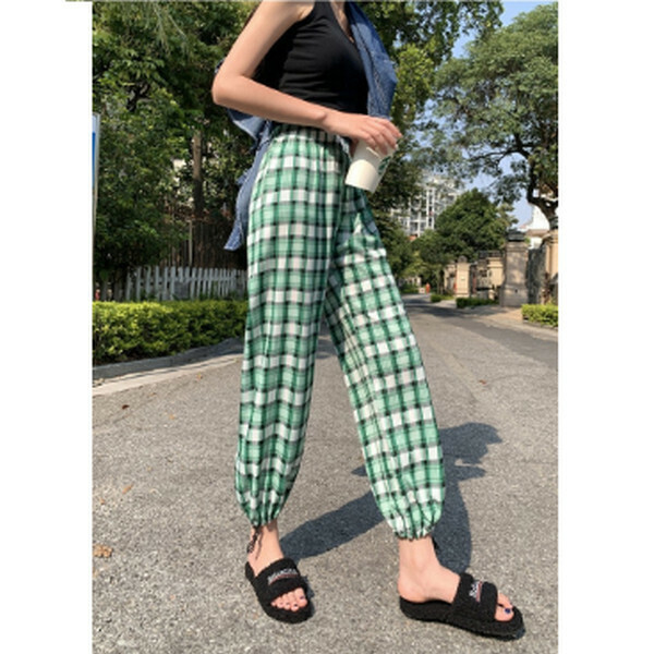 Two chiffon high-waisted, lightweight, mosquito-proof and sun-protective corset wide-leg pants [green checkered] [one-size-fits-all]