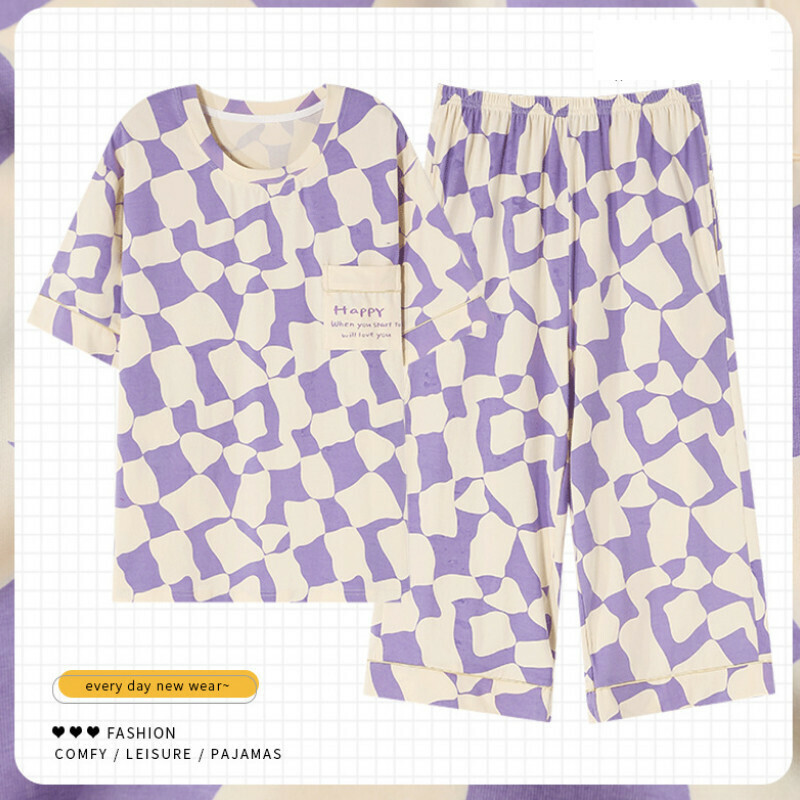 熱賣短袖七分褲圓領睡衣套裝【M-XXXL碼 ZY-8661】【下單后聯絡客服確認發貨尺碼】