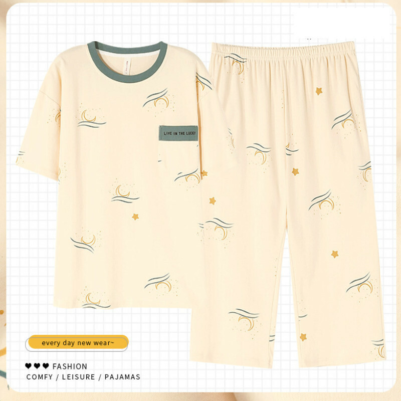 熱賣短袖七分褲圓領睡衣套裝【M-XXXL碼 ZY-8663】【下單后聯絡客服確認發貨尺碼】