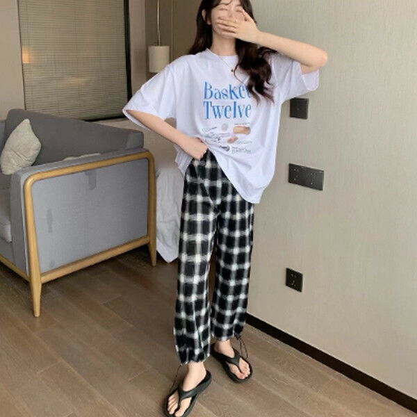 Two chiffon high-waisted light mosquito and sunscreen corset wide-leg pants [deep check] [one size]