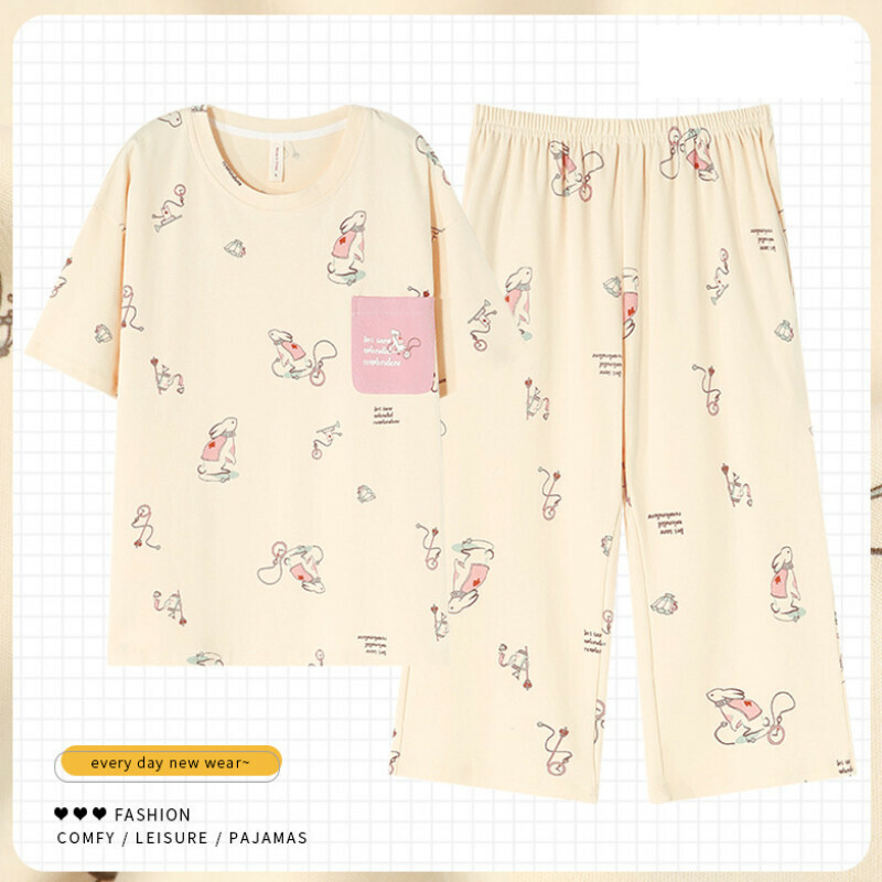 熱賣短袖七分褲圓領睡衣套裝【M-XXXL碼 ZY-8664】【下單后聯絡客服確認發貨尺碼】