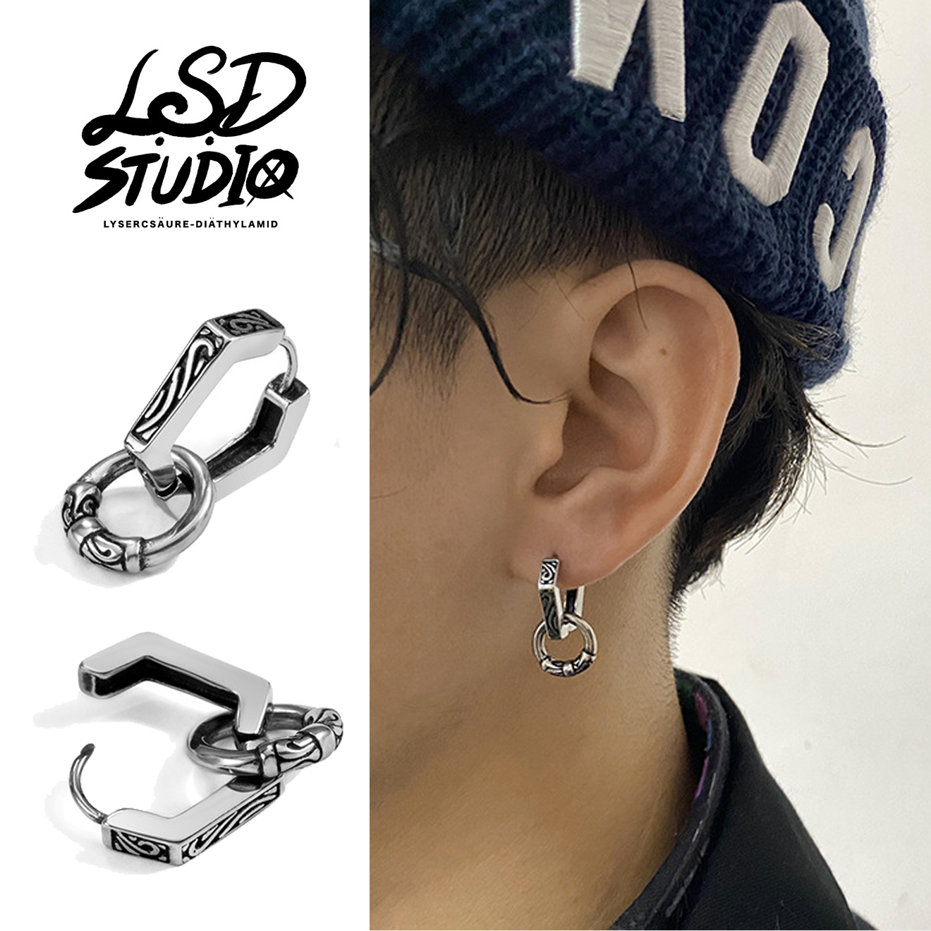 【ACGY12】復古花紋雙環幾何設計耳環