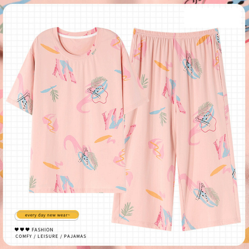 熱賣短袖七分褲圓領睡衣套裝【M-XXXL碼 ZY-8666】【下單后聯絡客服確認發貨尺碼】