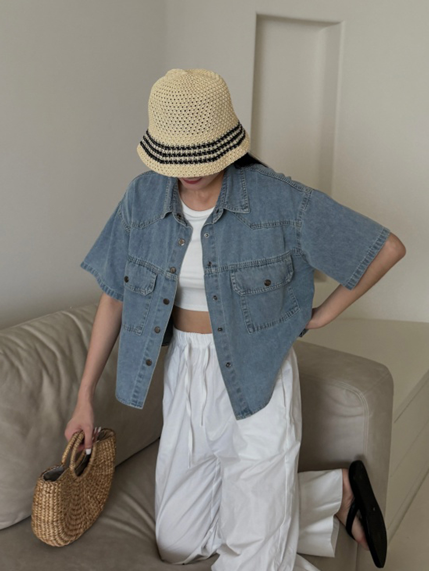 短版短袖牛仔襯衫*2色